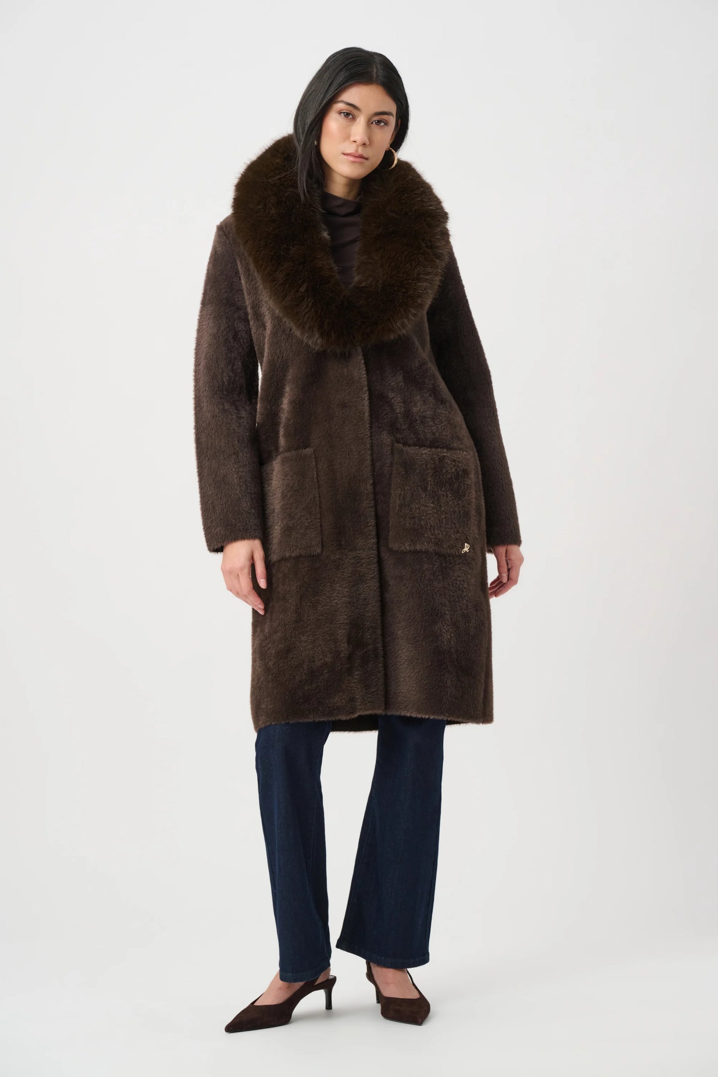 Joseph Ribkoff - Feather Yarn Knit Coat With Detachable Faux Fur Collar