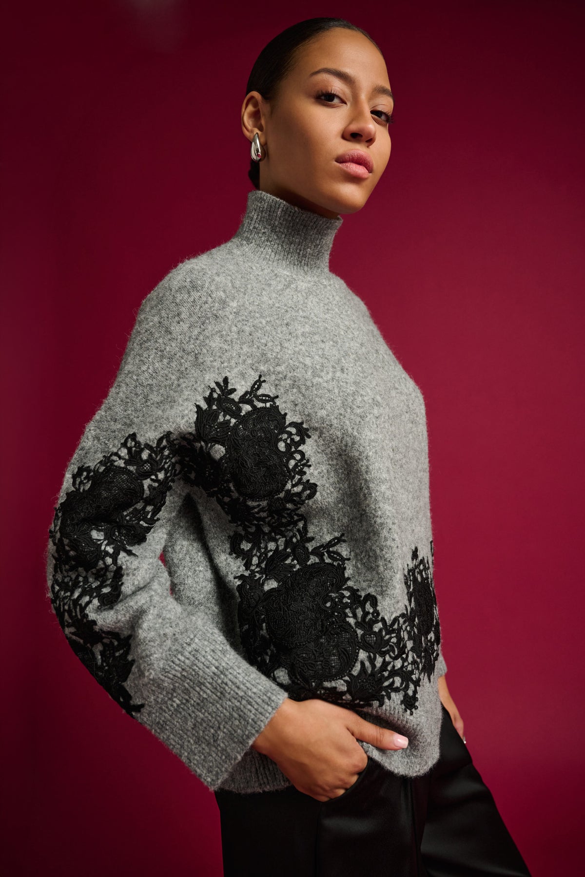 Joseph Ribkoff - Lace Applique Mock Neck Sweater