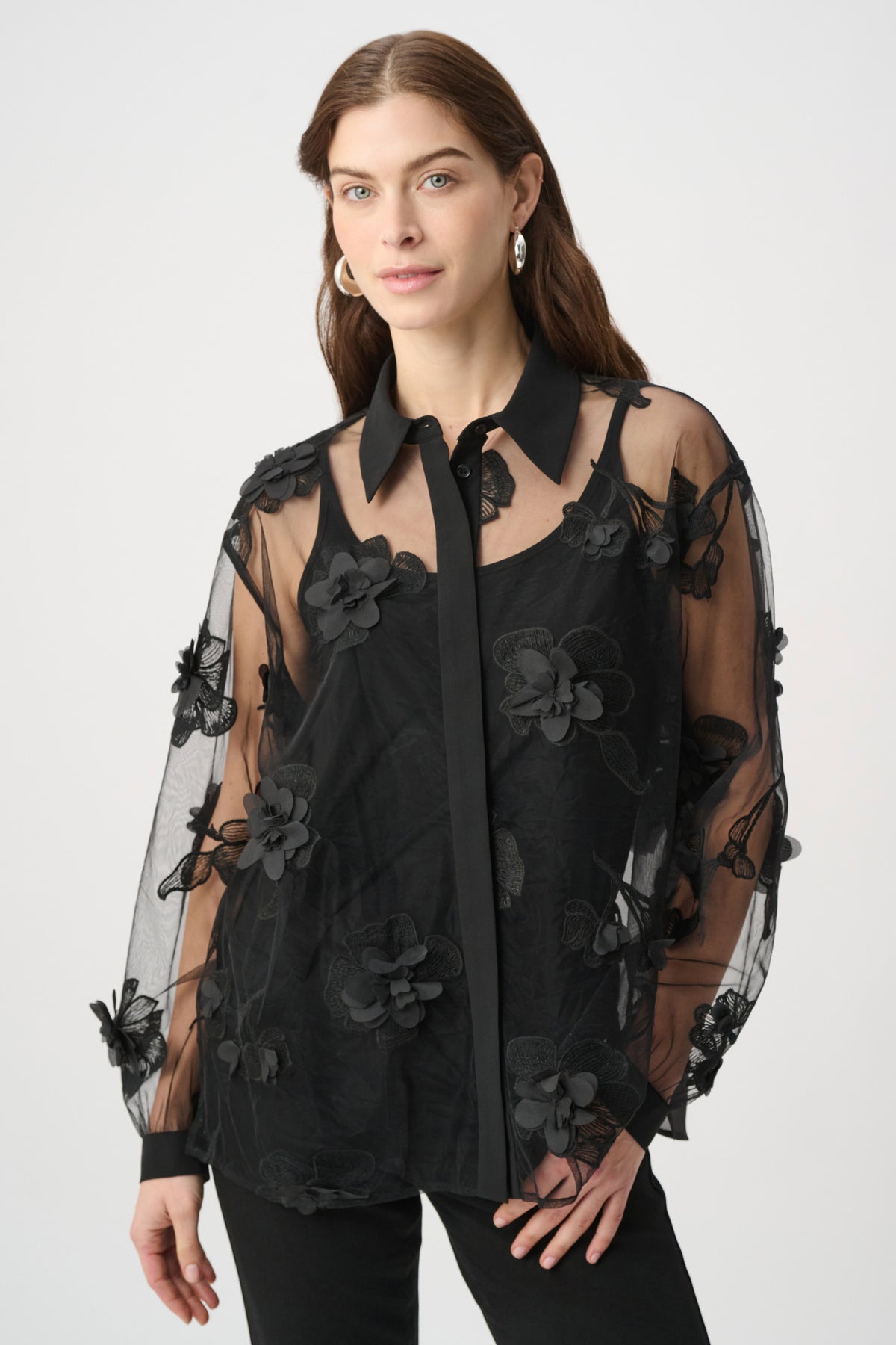 Joseph Ribkoff- Sheer Textured Flower Appliqué Blouse