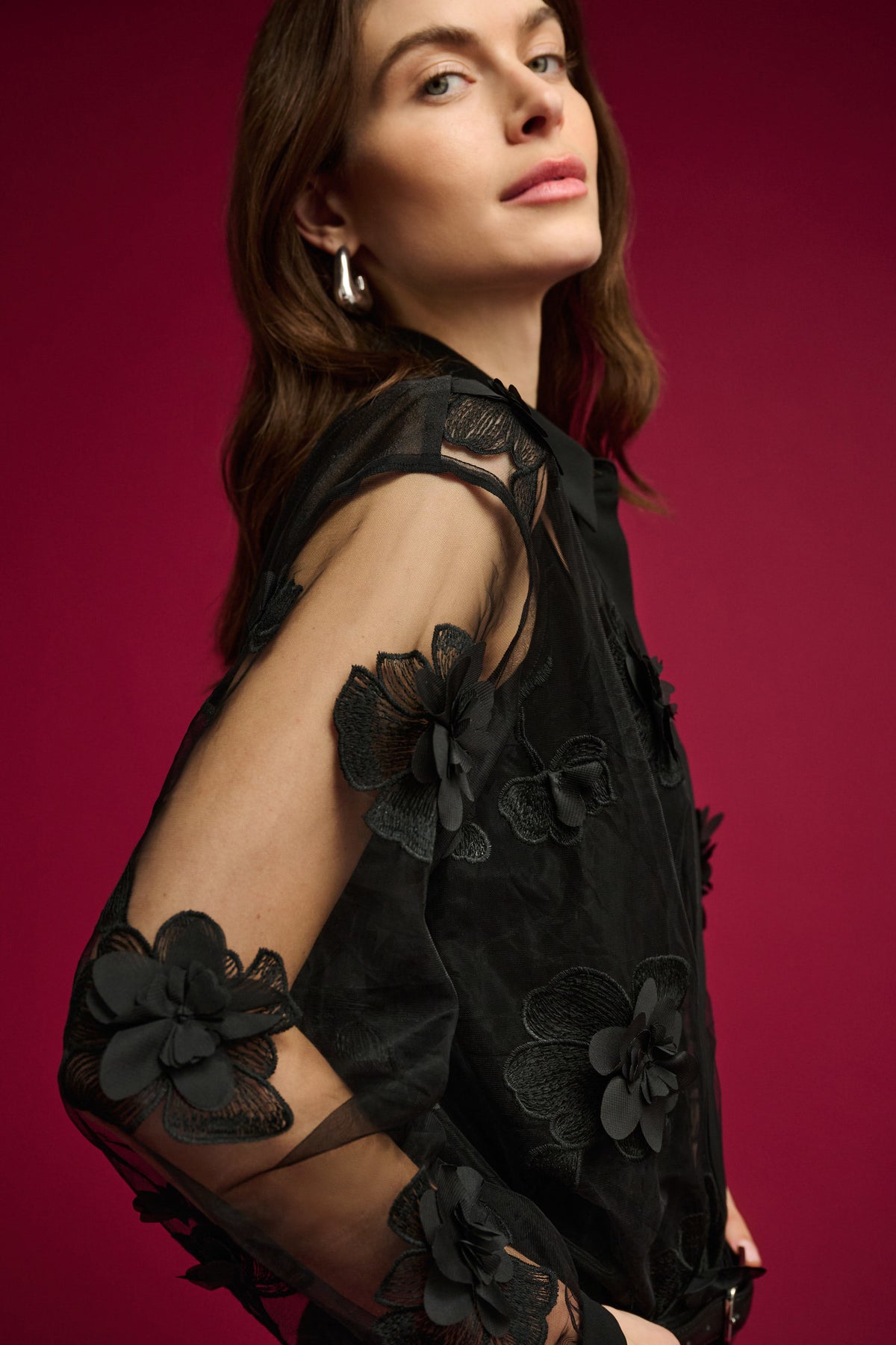 Joseph Ribkoff- Sheer Textured Flower Appliqué Blouse