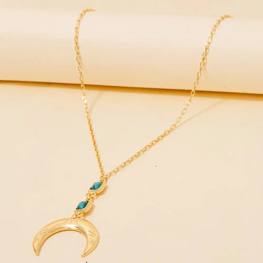 Western Turquoise and Crescent Pendant Long Chain Necklace