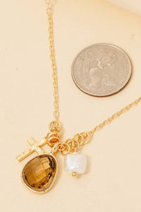 Pearl Cross And Gem Charms Chain Necklace