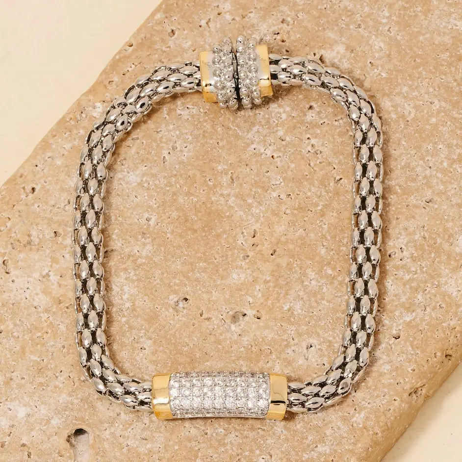 2 Tone Gold Plated Cz Pave Rope Chain Bracelet