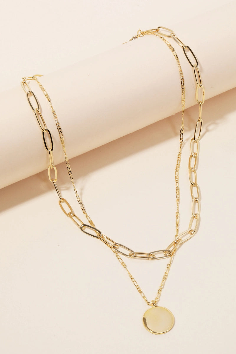 Layered Chain Circle Disc Pendant Necklace