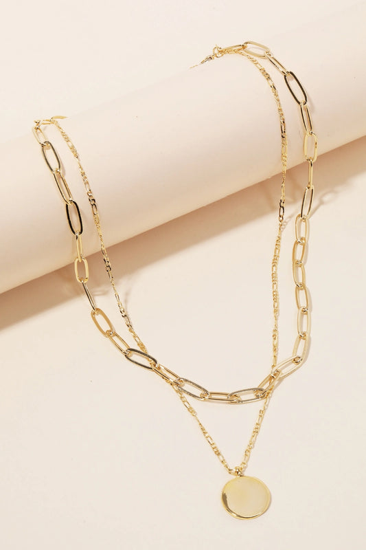Layered Chain Circle Disc Pendant Necklace