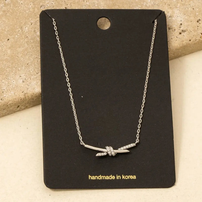 Pave Bar Knot Pendant Dainty Chain Necklace