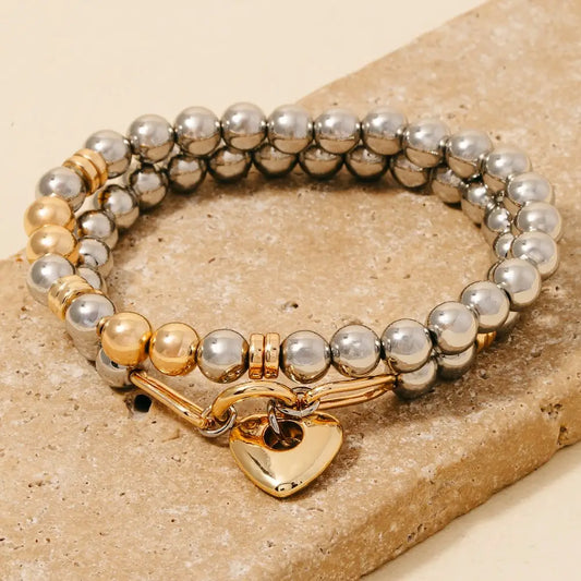 Heart Charm Two Tone Beaded Bracelet Set