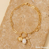 Gold Dipped Cz Cross Heart and Pearl Charms Chain Bracelet