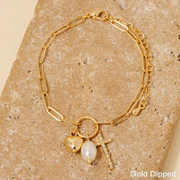 Gold Dipped Cz Cross Heart and Pearl Charms Chain Bracelet