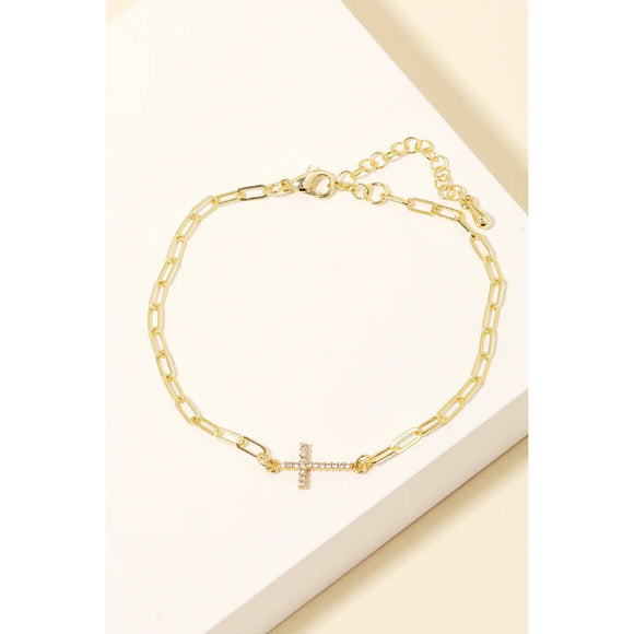 Gold Dipped Pave Cross Charm Chain Bracelet