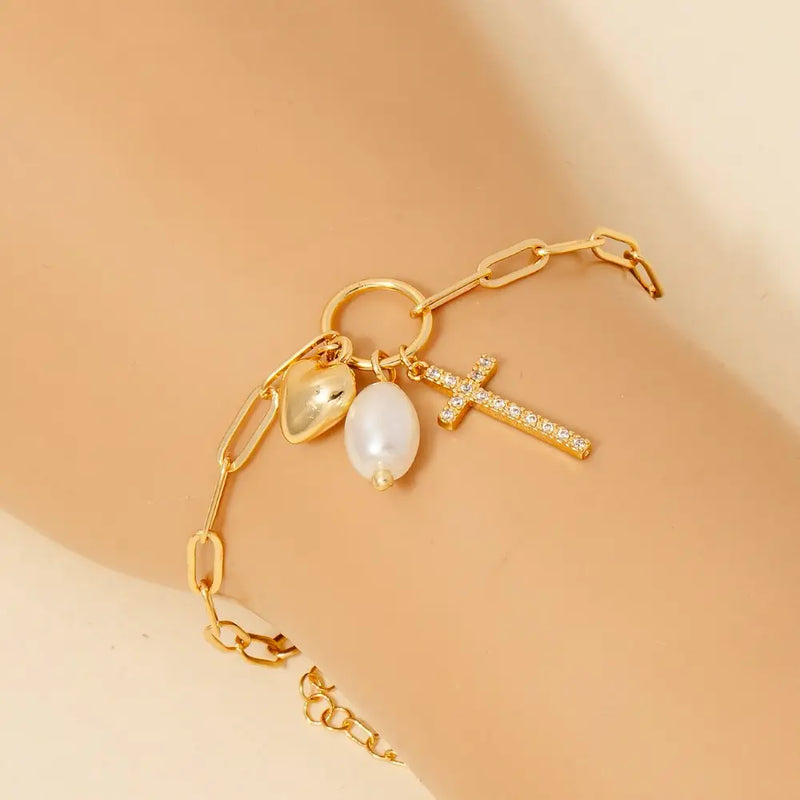 Gold Dipped Cz Cross Heart and Pearl Charms Chain Bracelet