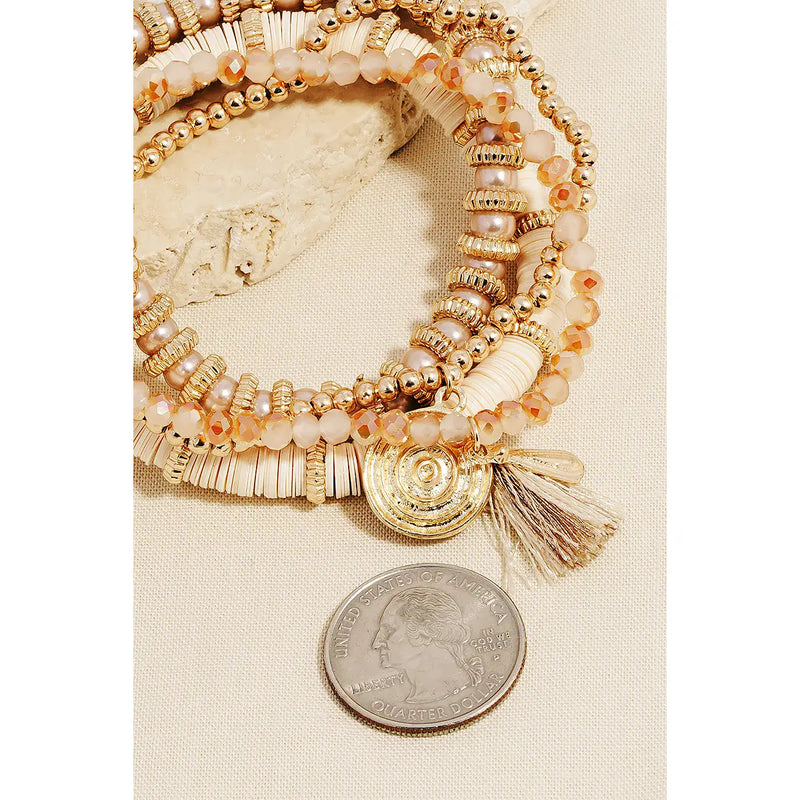 Coin and Tassel Charm Mixed Beaded Bracelet Set