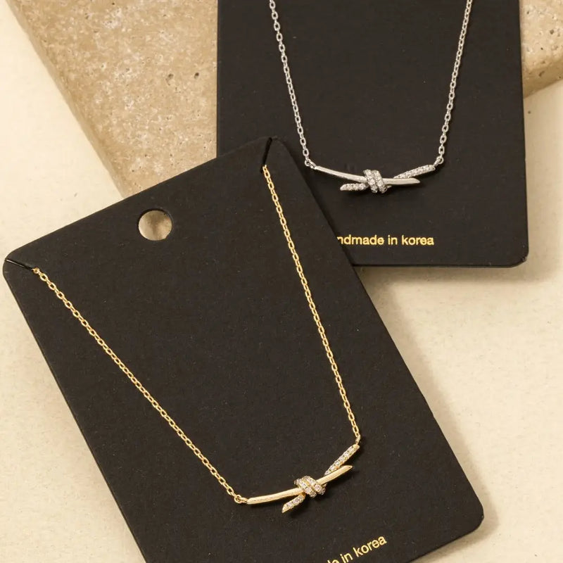 Pave Bar Knot Pendant Dainty Chain Necklace