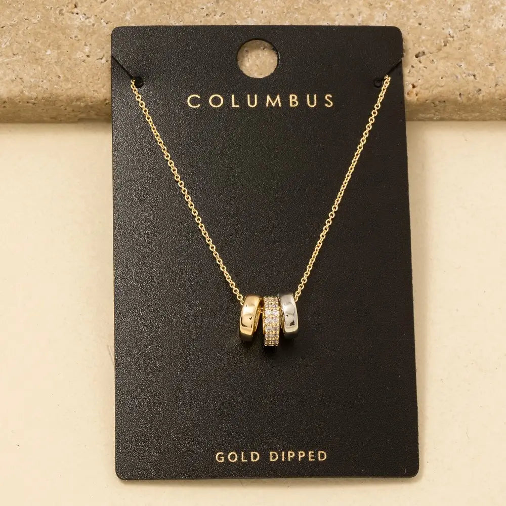 Gold Dipped Cz Triple Ring Charm Necklace
