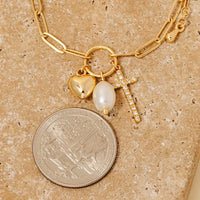 Gold Dipped Cz Cross Heart and Pearl Charms Chain Bracelet