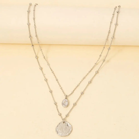 Coin and Oval Cz Charm Layered Chain Necklace