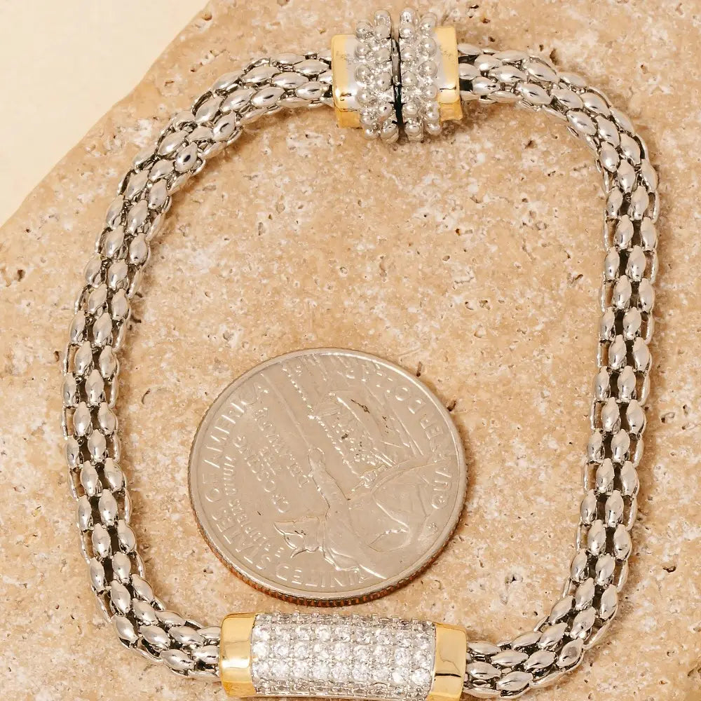 2 Tone Gold Plated Cz Pave Rope Chain Bracelet