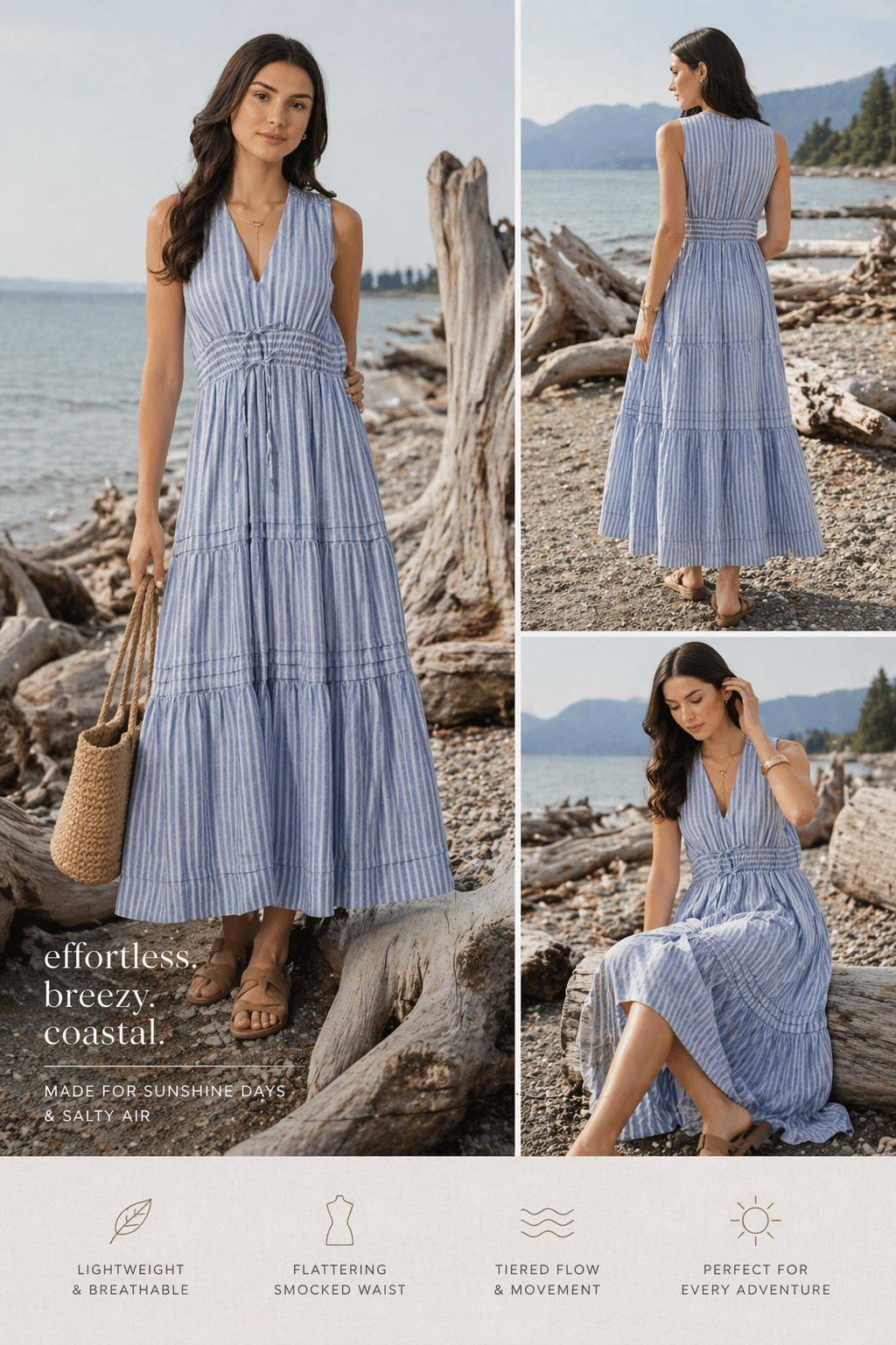 DEX - Blue Striped Tiered Midi Dress