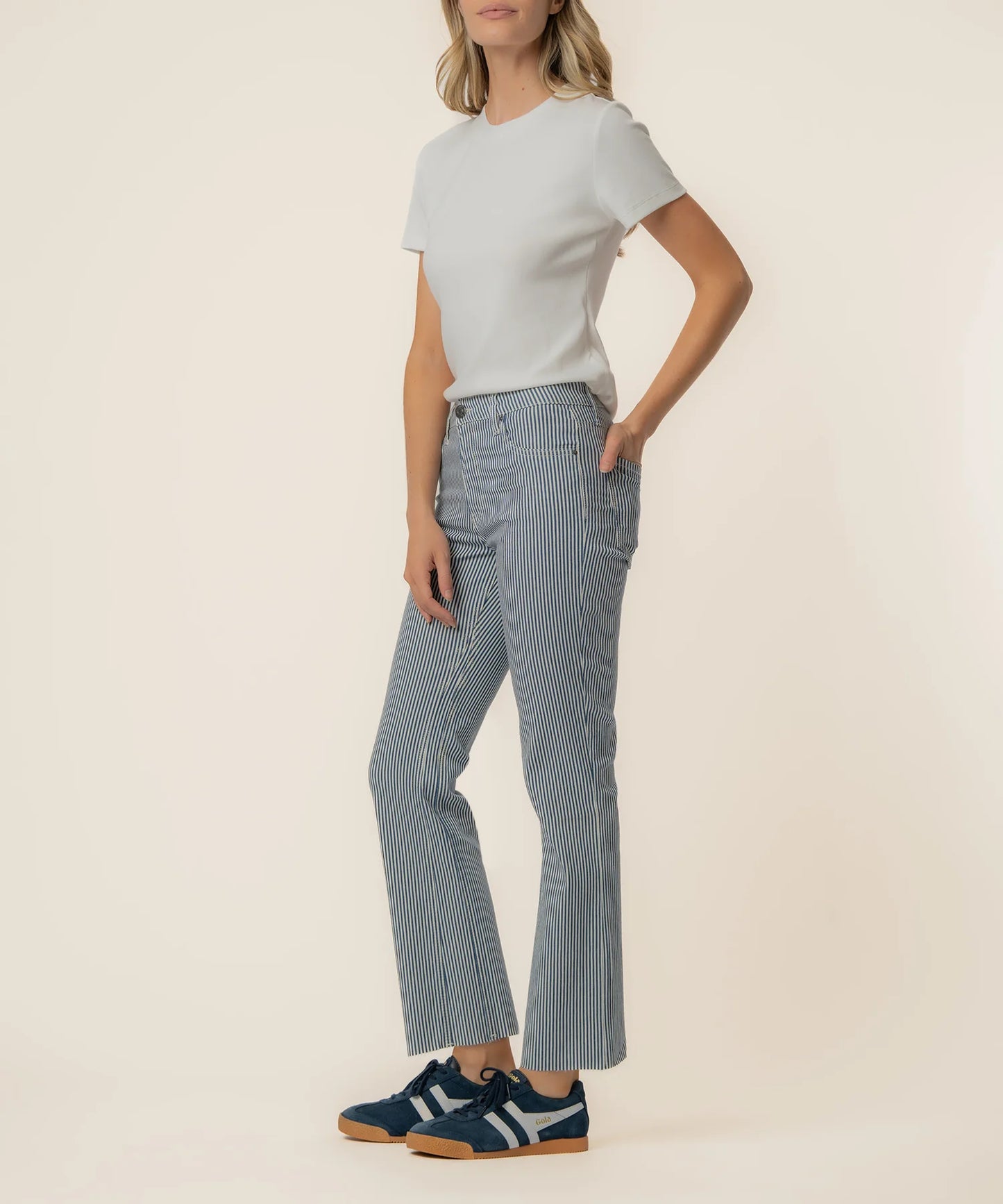 KUT- Kelsey High Rise Fab AB Ankle Flare Jean- Navy Stripe