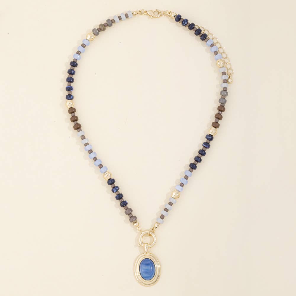 Chunky Bead Necklace With Oval Stone Pendant