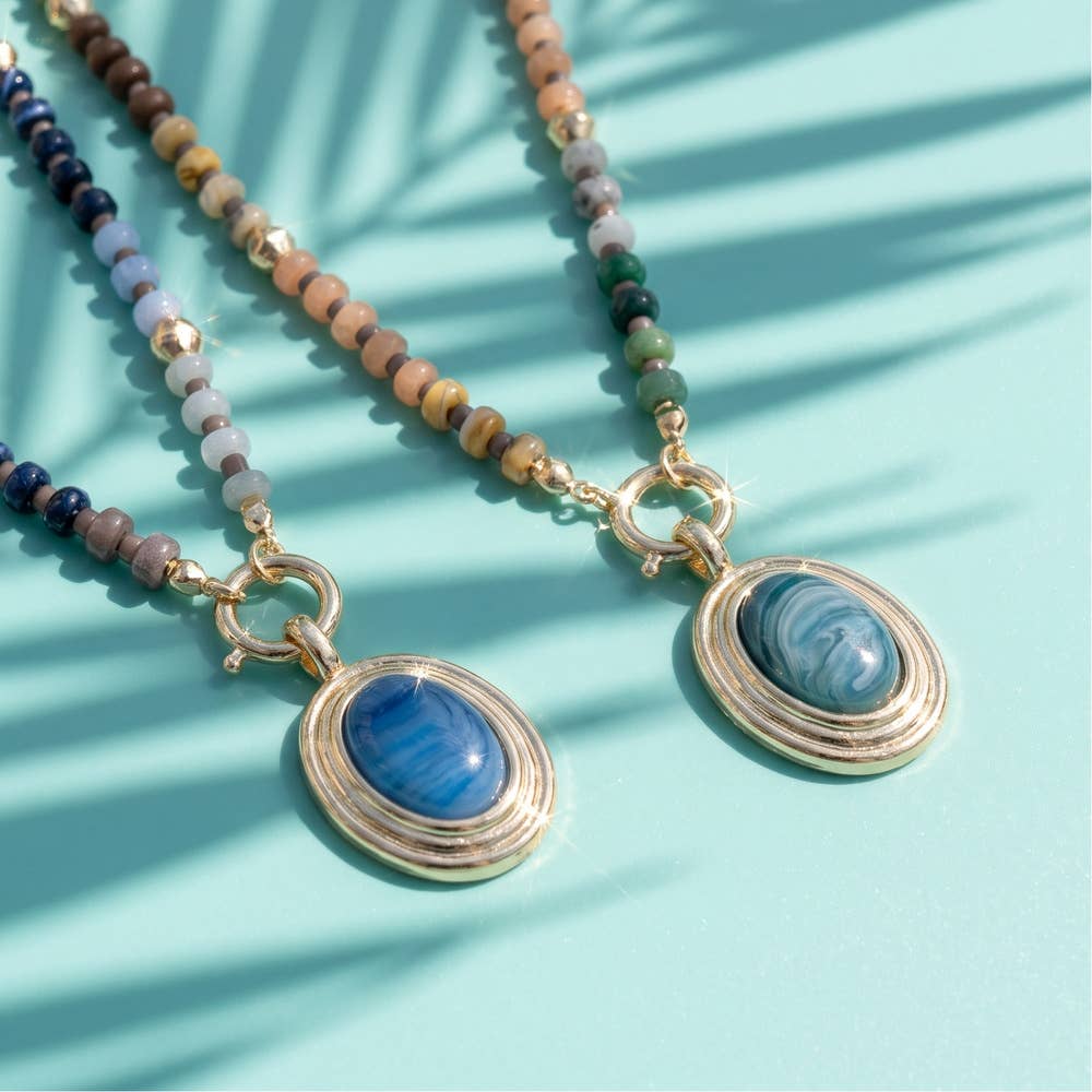 Chunky Bead Necklace With Oval Stone Pendant