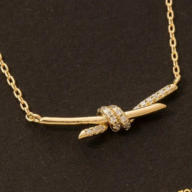 Pave Bar Knot Pendant Dainty Chain Necklace