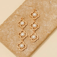 Pearl Stud Triple Clover Dangle Chain Earrings