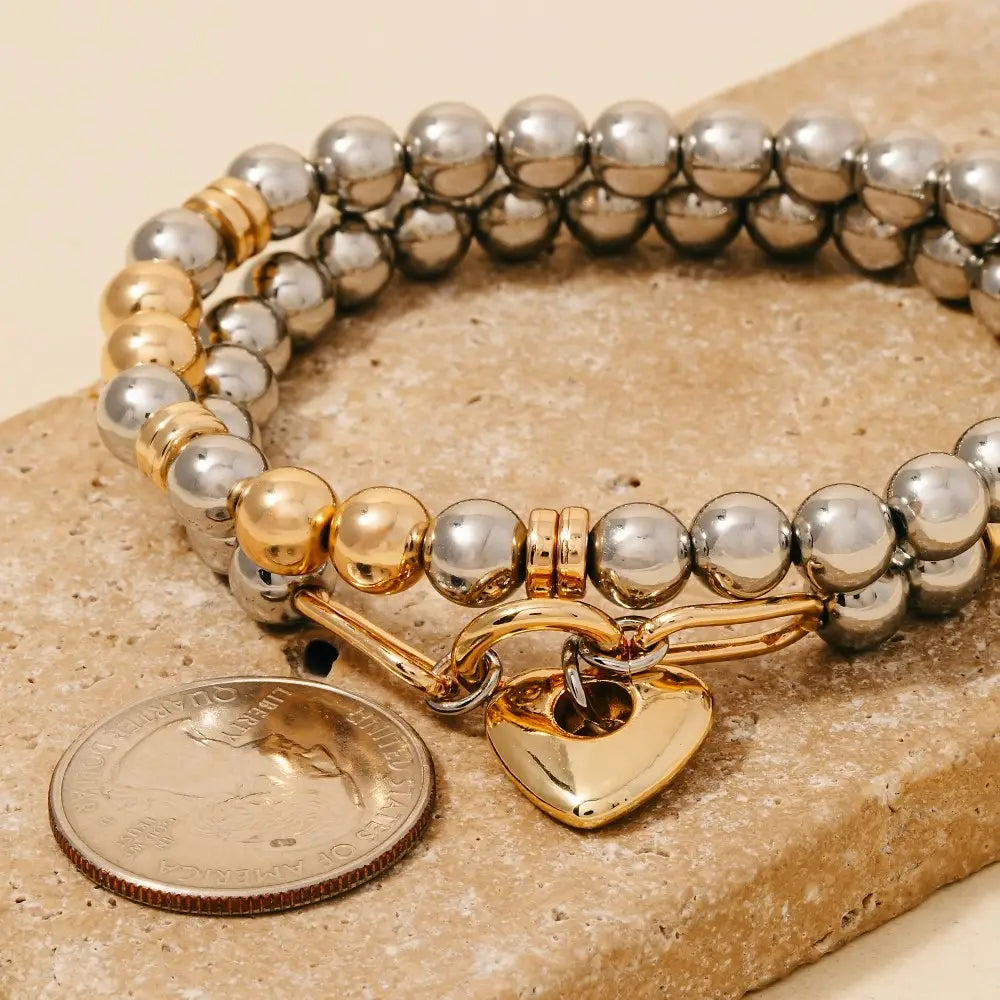 Heart Charm Two Tone Beaded Bracelet Set