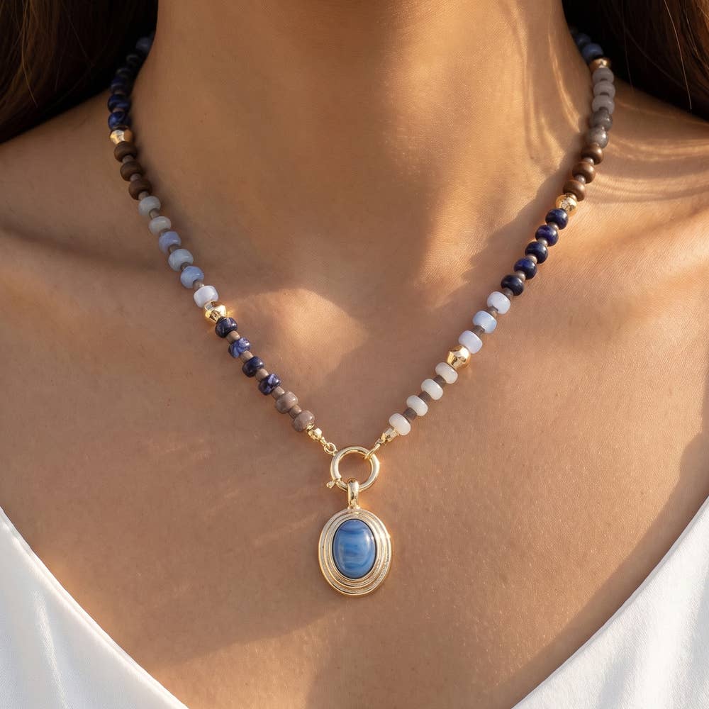 Chunky Bead Necklace With Oval Stone Pendant