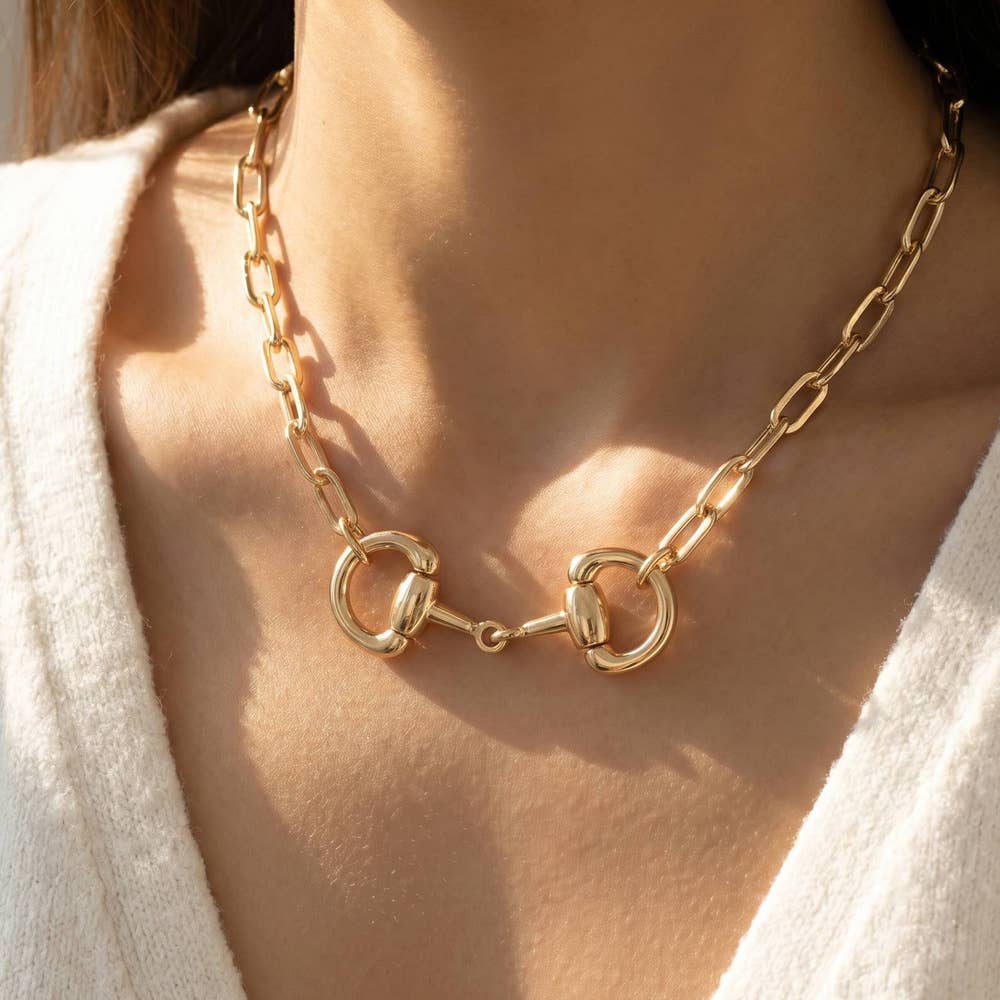 Horsebit Dual Ring Paperclip Chain Necklace