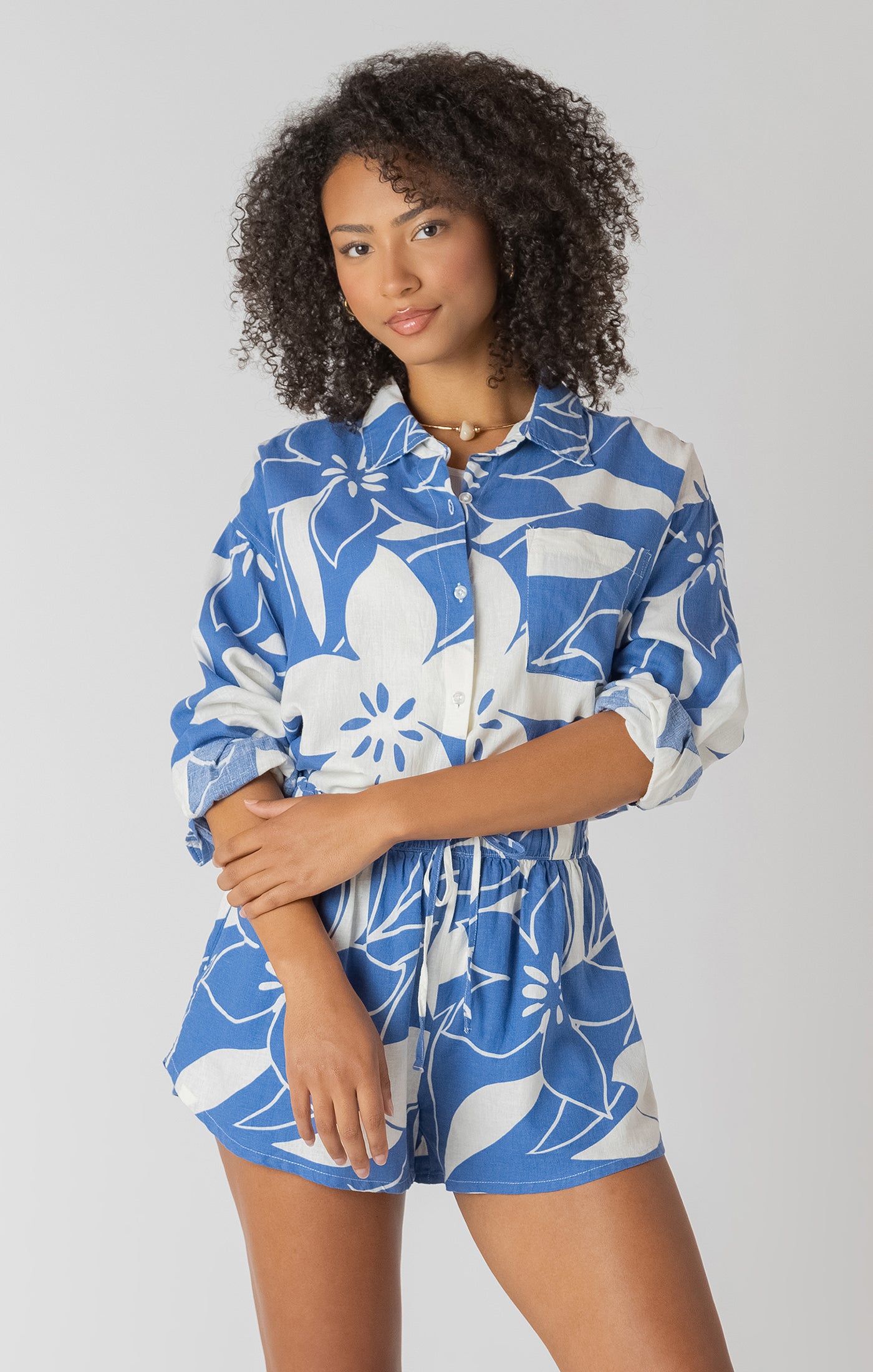 Room 34- Azure Floral Linen Shirt