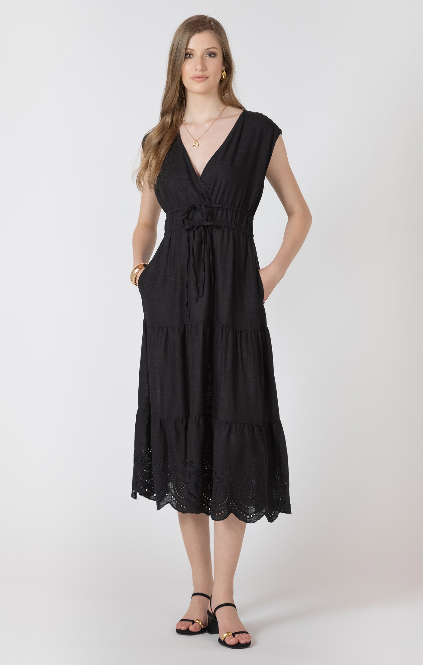 Black Tape- Tiered Midi Eyelet Dress