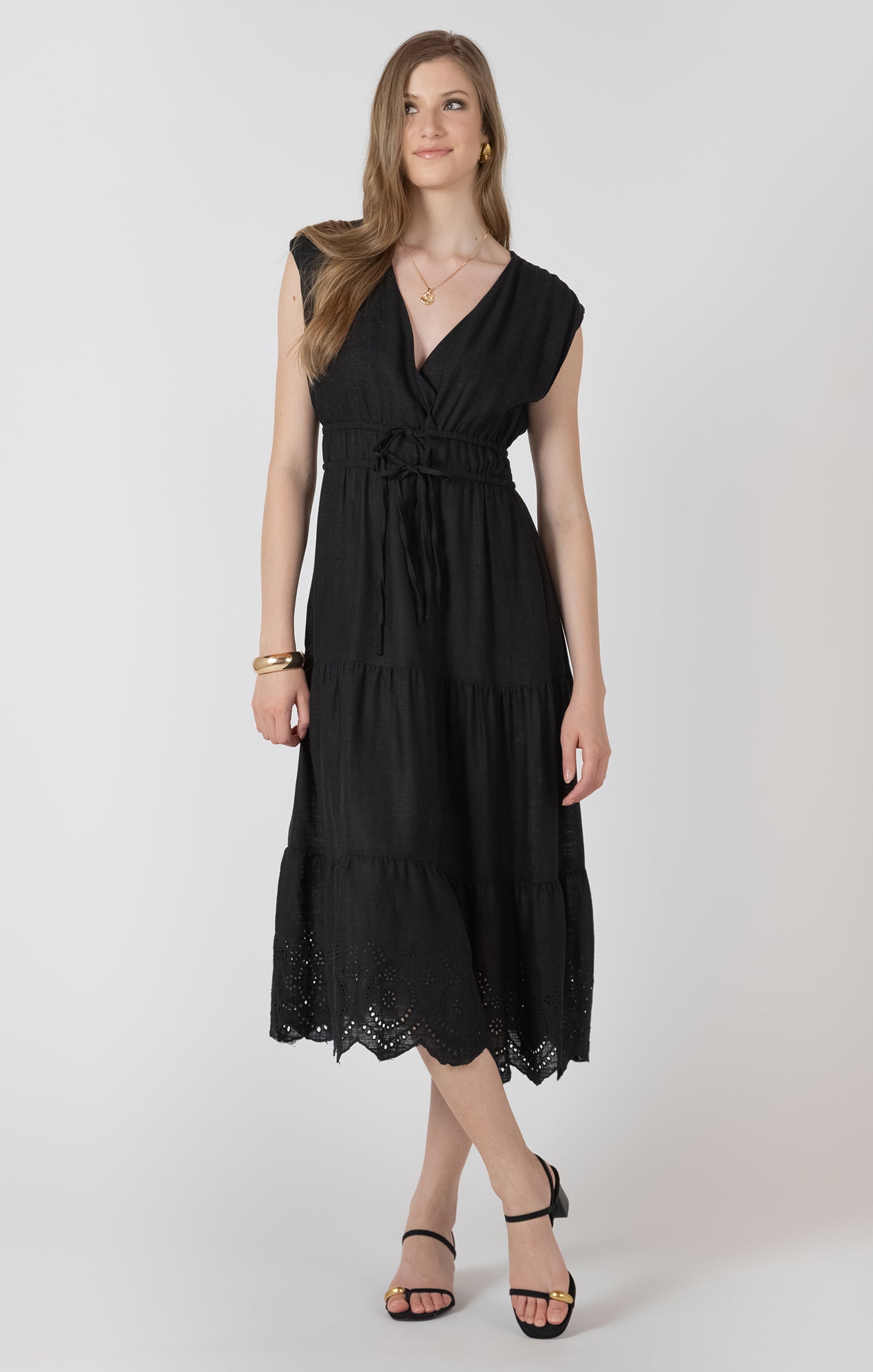 Black Tape- Tiered Midi Eyelet Dress