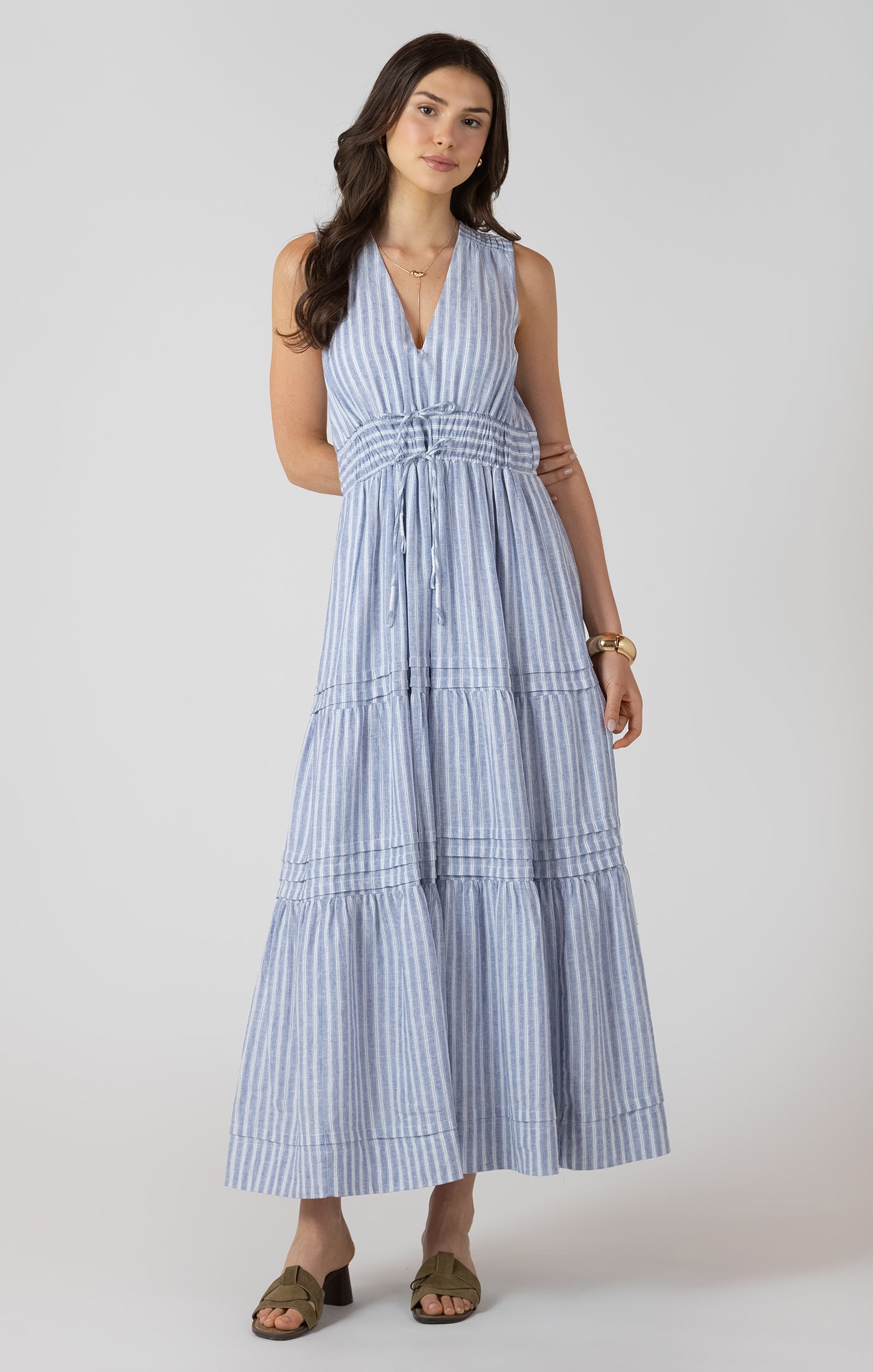 DEX - Blue Striped Tiered Midi Dress