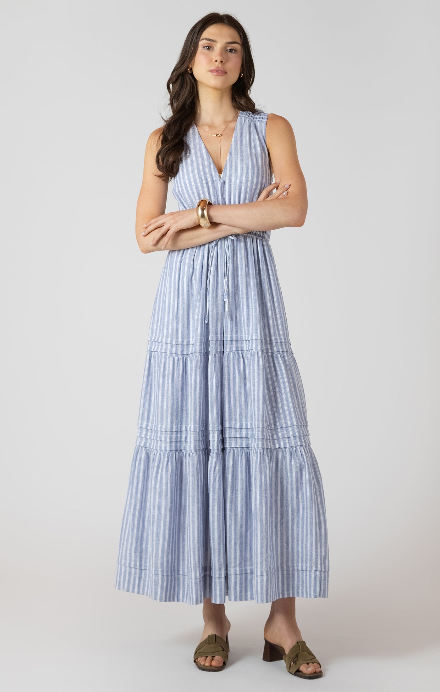 DEX - Blue Striped Tiered Midi Dress