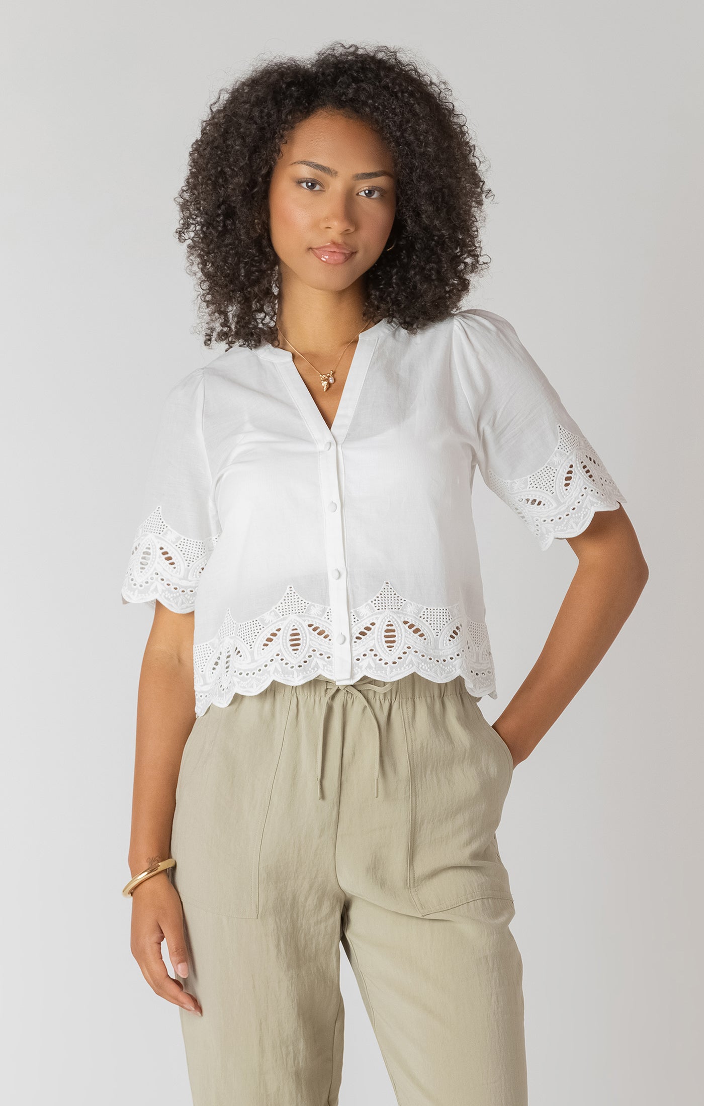 Room 34- Breezy Eyelet Trim Blouse