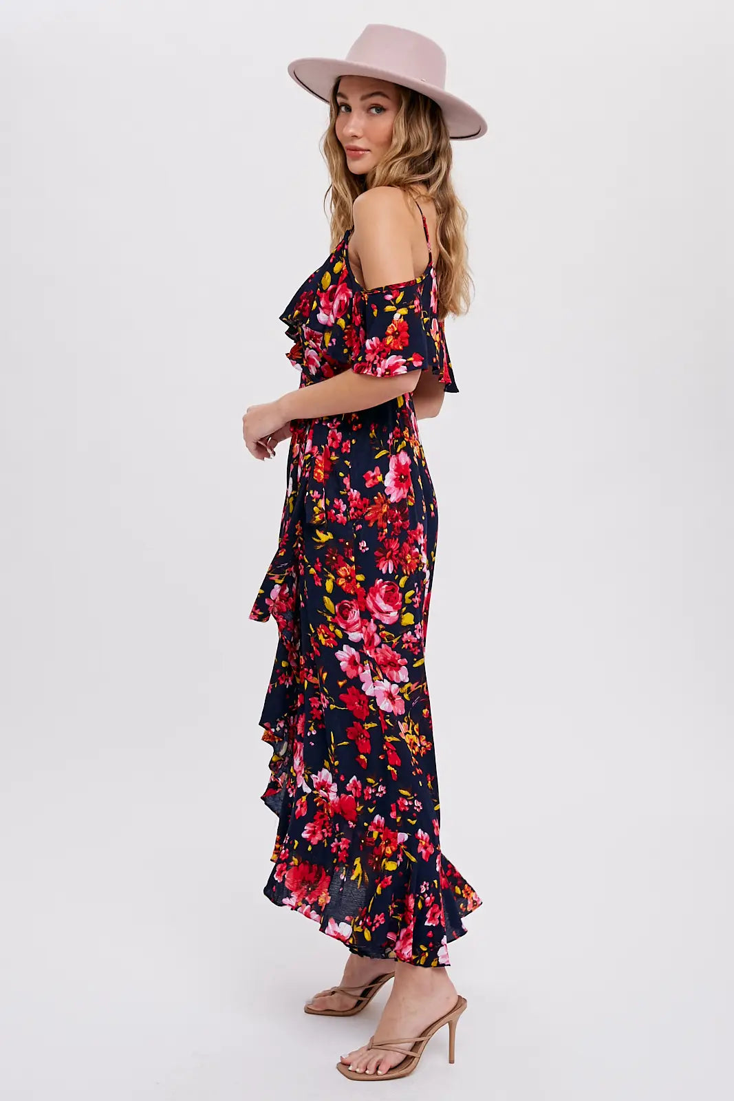 Floral cold 2025 shoulder wrap dress