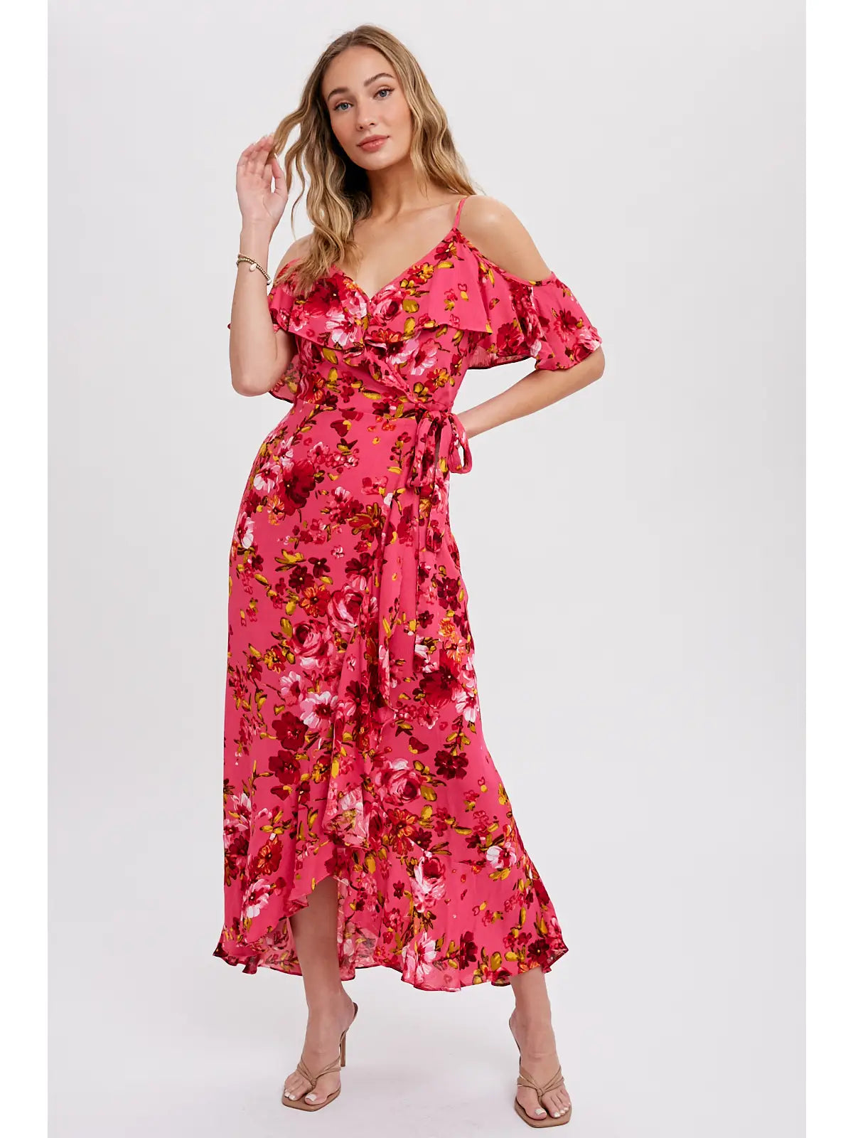 Olivia Cold Shoulder Ruffled Wrap Dress Three Broke Sisters